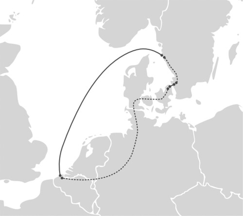 Figure 3. Map of competing routes between Gothenburg, Sweden, and Zeebrugge, Belgium.