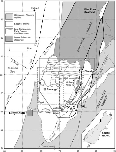 Figure 1 The regional geological setting of Greymouth Coalfield. The grid numbers (in the New Zealand Map Grid, 1949) in this and later figures are in kilometres. The outlined area is Greymouth Coalfield. From its central section, the Mount Davy Fault Zone is extended southeast to the Montgomerie Fault along Gage's (Citation1952) fault F9 (Stillwater Fault), maintaining a large easterly downthrow. In this it differs from Gage's Roa–Mount Buckley fault zone which also included the westerly dowthrown Buckley Fault southwest across the Grey River and the Brunner Anticline.