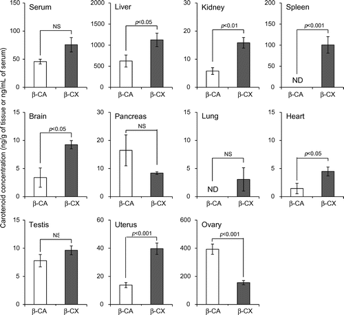 Fig. 1. Serum and tissue carotenoid concentrations in rats fed the β-cryptoxanthin- or β-carotenoid-supplemented diet.Note: All data are presented as the mean ± SEM of five observations. The unfilled column indicates the results for the group fed the β-carotene diet after four weeks of supplementation. The filled column indicates the results for the group fed the β-cryptoxanthin diet after four weeks of supplementation. The statistical significance for the two groups was tested by using an unpaired t-test. Abbreviations: β-CX, β-cryptoxanthin; β-CA, β-carotene; ND, not detectable; NS, not significant.