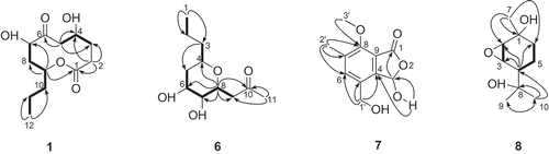 Figure 1. Structure of compounds 1 and 6–8, and the selected HMBC correlations (H→C) and 1H–1H-COSY (bold line).