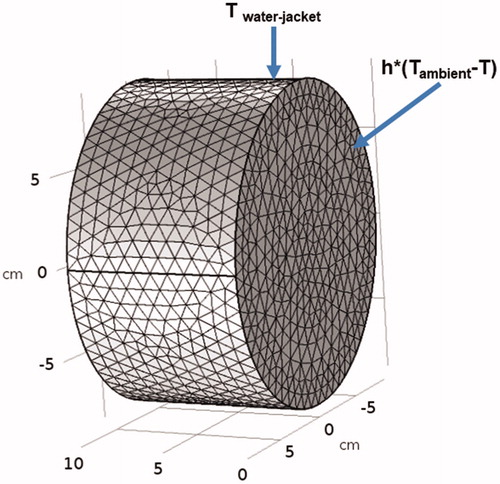 Figure 3. Finite element simulation model of gel phantom. Schematic of the geometric setup, mesh and boundary conditions.