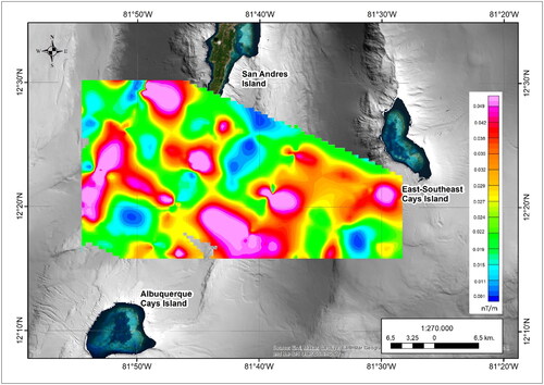 Figure 9. Signal map visualization by using Euler deconvolution. Grey background is the bathymetry map from the ArcGIS Ocean Base Map.