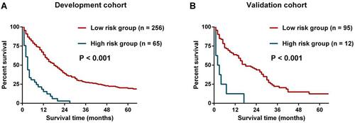 Figure 10 Kaplan–Meier curves for DM patients in the low- and high-risk groups in the development cohort (A) and validation cohort (B).