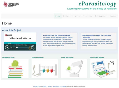 Figure 1. Overview of the main page of the DMU e-Parasitology package (Image courtesy of DMU, 2018). Available at: http://parasitology.dmu.ac.uk/index.htm
