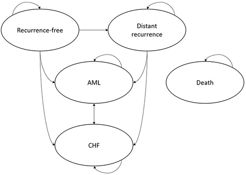 Figure 2 Markov model structure. The model included five health states; the arrows depict patient movement between health states in each model cycle. Patients can move to death from any health state. Patients enter the Markov portion in the “Recurrence-free” health state, and the probability of transition to distant recurrence, AML and CHF is conditional on the assigned adjuvant treatment, clinical risk, and RS category (if known).