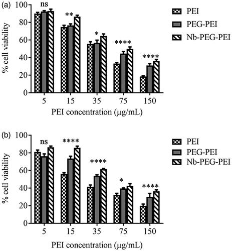 Figure 3. Cytotoxicity evaluation of PEI, PEG-PEI and Nb conjugated PEG-PEI nanocarriers at various concentrations of 5, 15, 35, 75 and 150 µg/ml in BT-474 (a) and MCF10A (b) cell lines. Untreated cells were used as negative controls. Data are expressed as mean ± standard deviation (n = 3); ****, ***, **, *, and ns (not significant) indicate p < .0001, .001, .01, .05, and p > .05 when Nb conjugated PEG-PEI compared with unmodified PEI polymer at the same concentration.