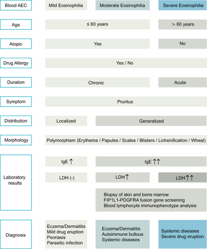 Figure 1 The characteristics of demographics, history, lesion manifestation, examination, and diagnoses in DABE patients with mild, moderate, and severe blood eosinophilia. (-) The laboratory result was negtive. ↑The laboratory result was mildly elevated. ↑↑ The laboratory result was dramatically elevated.
