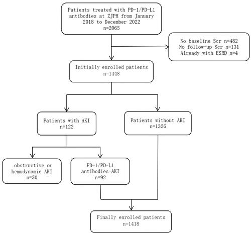 Figure 1. Flowchart of the study design. PD-1: programmed death-1; PD-L1: programmed death ligand-1; AKI: acute kidney injury; ZJPH: Zhejiang Provincial people’s Hospital; scr: serum creatinine; ESRD: end-stage renal disease.