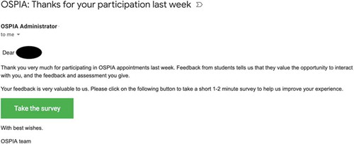 Figure 4. Weekly acknowledgment e-mail received by the sp in the baseline phase.