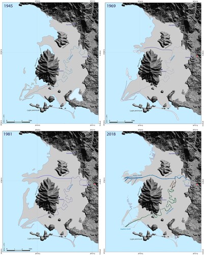 Figure 6. Coastal evolution of the Kalamas river delta since 1945 according to aerial photographs and remote sensing data.