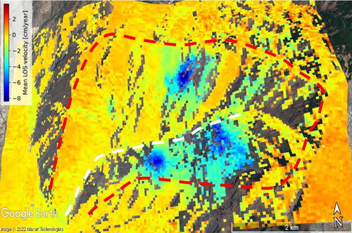 Figure 12. Annual average LOS velocity of the Laoqinggou debris flow region, the white dashed line is the debris flow gully, and the red dashed line is the debris flow boundary.