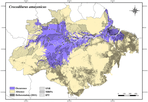 Figure 103. Occurrence area and records of Crocodilurus amazonicus in the Brazilian Amazonia, showing the overlap with protected and deforested areas.