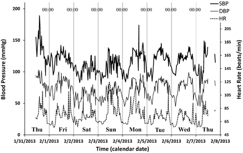 Figure 1 Example of 7-day/24-hour ABPM. Time plots of the 7-day/24-hour records of systolic blood pressure (SBP, thick continuous line), diastolic blood pressure (DBP, thin continuous line), and heart rate (HR, dashed line) of a 40-year old man with white-coat hypertension. When the 7-day/24-hour ABPM was started at 11:00 in front of a doctor, high SBP on the first day of monitoring can readily be seen. Measurements dropped thereafter within the normal range, where they fluctuated periodically, following a circadian rhythm, suggesting a regular rest-activity schedule.