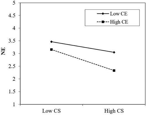 Figure 2 Moderating effect of consumer expectation (CE) between customer satisfaction (CS) and negative emotion (NE).
