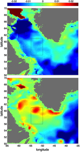 Figure 4.2.3. Top (bottom): April to December 2015 (2016) salinity anomaly integrated vertically from 200 m down to 1000 m (product reference 4.2.2). The reference period for anomaly computation is the mean over 2003–2014. The black line shows the control box used in Figure 2.