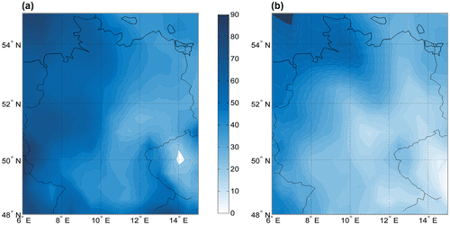 Fig. 4. (a) Climatological mean of Germany precipitation (in mm) from 1981 to 2010 and (b) difference of mean precipitation between IL E and IL W winters.
