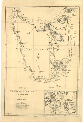 Figure 6. G&W Nichol’s 1814 edition of Matthew Flinders’ map of Van Diemen’s Land, crediting some details to ‘Mehan’. Tasmanian Archives, AF395/1/10.