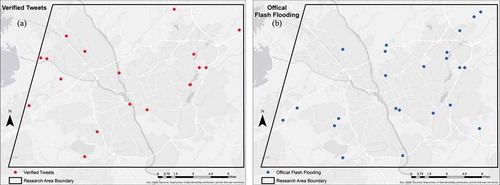 Figure 2. Spatial distributions of verified flood-related tweets (a) and official flash flood points (b).