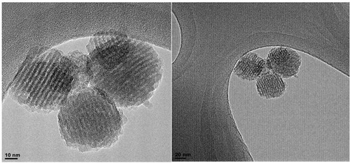 Figure 5 HR-TEM images of MS-EDTA.Abbreviations: HR-TEM, high resolution-transmission electron microscopy; MS-EDTA, ethylenediaminetetraacetic acid modified mesoporous silica.