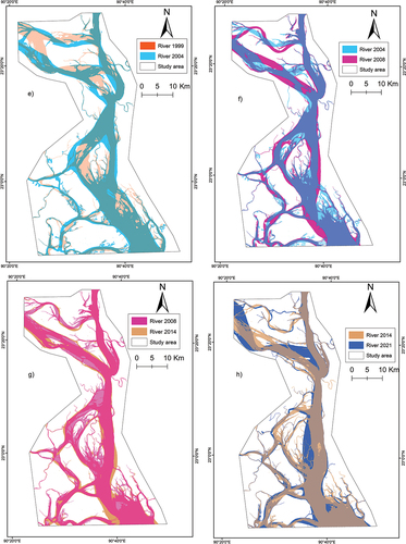 Figure 14. The figure indicates a year-by-year comparison of river changes from 1999 to 2004 (e), 2004 to 2008 (f), 2008 to 2014 (g), 2014, 2019, and 2021 (h).