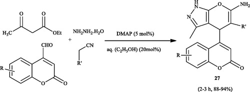Scheme 37. Synthesis of coumarin based pyrano[2,3-c]pyrazole derivatives using DMAP (4-dimethylaminopyridinein).