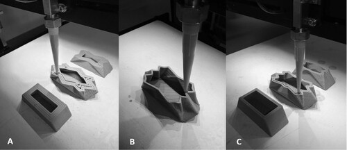 Figure 2. Clay 3D printing of (A) four, (B) one and (C) two wall ceramic vessels that have the same outer dimensions and variable inner volume.