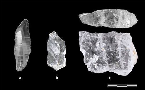 Figure 7. Neolithic artifacts. (a) Blade. (b) Preparation artifact. (c) Core (figure by T. Hess).