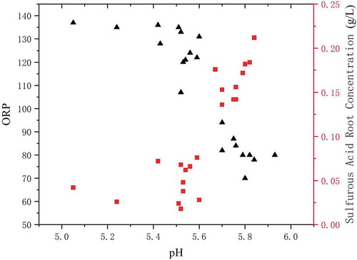 Figure 7. Changes in ORP, pH, and sulfite concentration.