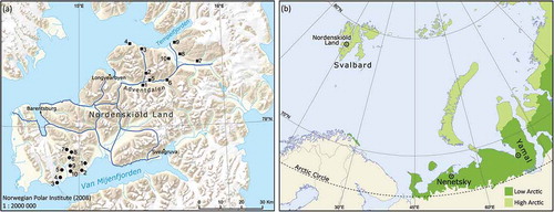 Figure 1. (a) Map showing the study area in NordenskiöldLand, Svalbard, with camera-traps in the experimental area (black squares) and control area (black dots). The most used snowmobile trails are indicated by blue lines. (b) Map showing the study sites in Svalbard (Nordenskiöld Land) and in Russia (Nenetsky and Yamal).