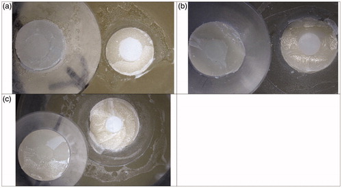 Figure 2. Representative digital microscopy photos of the failure types after debonding. (a) Score 0 = Adhesive failure with no resin composite remnants left on zirconia (Z), veneering ceramic (V) or Z + V; (b) Score 1 = Mixed 1: Cohesive fracture in the veneering ceramic and ≥1/2 resin composite left adhered on the Z, V or Z + V; (c) Score 2= Mixed 2, ≥ 1/3 resin composite left adhered on Z, V or Z + V.