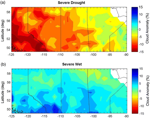 Fig. 4 Average monthly mean cloud amount anomaly (%) for the period May–September from 1984–2004 for a) severely dry conditions and b) severely wet conditions.