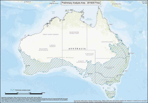 Figure 1. Preliminary area of environmental analysis of the 2019/20 bushfires (source and credit: Department of Agriculture, Water and the Environment Citation2020).