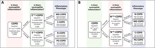 Figure 3 Demonstrates the 2 phenotyping strategies that were tested, with (A) taking the approach of detecting eosinophilic inflammation first, and then neutrophilic inflammation, and (B) vice versa.