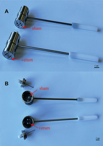 Figure 3 The exterior view (A) and the interior view (B) of PBNMM and sham-PBNMM devices.