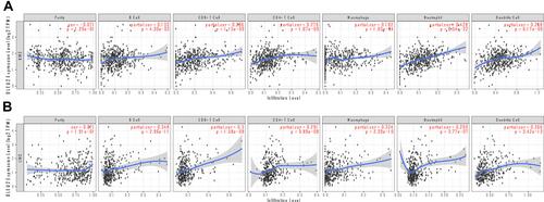 Figure 6 Correlation analyses between the DLEU2 expression level and the infiltrating immune cell level in KIRC (A) and LIHC (B). The red text “cor” and “p” refer to the correlation coefficient and statistical difference between DLEU2 and the level of immune cell infiltration respectively.