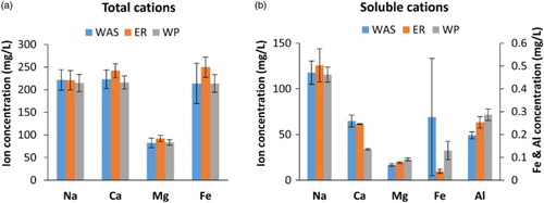 Figure 5. (a) Total and (b) dissolved cations for AS, ER and WP. Averaged results from 2 batches. Error bars represent the upper and lower value of the duplicate measurement. For Al3+ only the soluble fraction was measured. Average VS reduction was 10% and 35% for ER and WP, respectively.