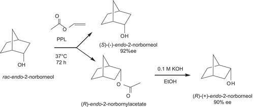 Scheme 2.  Kinetic resolution of (R)-(+)- and (S)-(–)-endo-2-norborneols from lipase-catalyzed acetylation of racemic (±)-exo-2-norborneol with vinyl acetate.