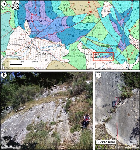 Figure 8. E-W oriented normal fault exposed at Pizzo Corno. (A) Portion of the geological map illustrating the Pizzo Corno area (refer to the Main Map for the legend). The considered faults are included in the red rectangle; (B) Fault plane view from the S; (C) Detail of the fault plane showing dip-slip oriented slickensides.