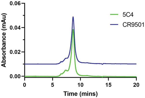 Figure 3. Size exclusion analysis of purified plant-produced anti-RSV mAbs. Purified mAbs were separated in the XBridge protein BEH 200 column. A total of 5 µg of purified mAb was loaded on the column and run at 0.3 mL/min for 20 minutes, UV detection at 280 nm, and the column temperature was maintained at 25°C.