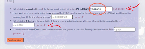 Figure 5. Part of an exam question statement (in training mode). After each question, an element appears with the text “reveal” (red button arrow), which, when marked with the mouse, shows the corresponding answer (red top arrow). Also note that when you fill in any field, the submit button is highlighted (in a bright color).