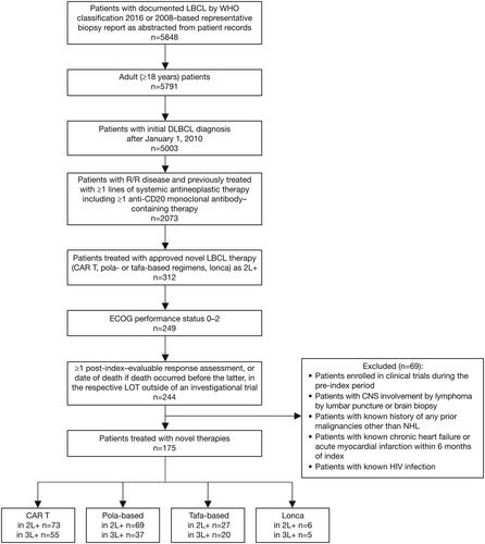 Figure 1. Patient attrition flow diagram.CAR T, chimeric antigen receptor T-cell; CNS, central nervous system; DLBCL, diffuse large B-cell lymphoma; ECOG, Eastern Cooperative Oncology Group; HIV, human immunodeficiency virus; LBCL large B-cell lymphoma; lonca, loncastuximab; LOT, line of therapy; NHL, Non-Hodgkin Lymphoma; pola, polatuzumab vedotin; R/R, relapsed/refractory; tafa, tafasitamab; WHO, World Health Organization.