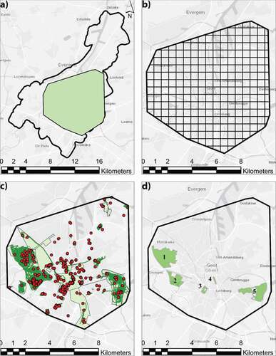 Figure 4. a) Analysis area (green) in the city of Ghent. b) Analysis area with quadrat cells of 605 × 605 m. c) The total input of points, polygons, and markers within the analysis area. d) Parks across Ghent with high input clusters: 1) Bourgoyen-Ossemeersen, 2) Blaarmeersen, 3) Citadelpark, 4) Zuidpark, 5) Gentbrugse Meersen.