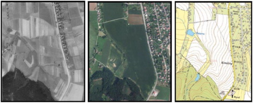 Figure 2. Comparison of field size in relation to the Žabárna locality: the 1950s (left), the present view (middle), and the map (right). Source: Regional Library Trutnov 2016.