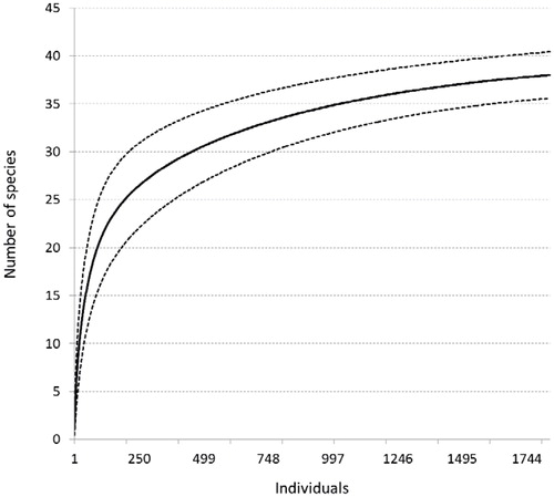 FIGURE 4. Individual-based rarefaction curve for Oribatida in the Old Man's Range. The dashed lines represent 95% confidence intervals.