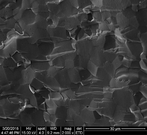 Figure 9. Microstructure of the fractured surface after a compressive test of a fully dense YSZ compact with compressive strength of 1.32 GPa.