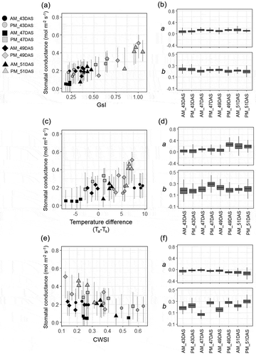 Figure 2. Summary of the regression analysis between stomatal conductance and the thermal indicators in the glasshouse experiment. The relationship (a, c, e) and posterior distributions of the coefficients (b, d, f) are separately shown for each measuring time-point under different meteorological conditions. The regressions between stomatal conductance and GsI (a, b): between stomatal conductance and air-leaf temperature difference (Ta−Ts) (c, d): between stomatal conductance and crop water stress index (CWSI) (e, f). Bar with each point in the scatter plot indicates the 95% interval of the predicted distribution. The box-plots of the coefficients for slope (a) and for constant (b) were generated from 10,000 Markov chain Monte Carlo (MCMC) samples for each measuring time-point.
