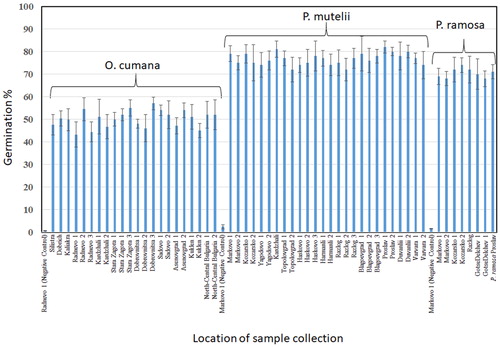 Figure 1. Relative germination percentage of seeds of O. cumana, P. ramosa and P. mutelii/P. rosmarina after treatment with GR24.Note: The seeds were preconditioned for 14 days before treatment. Portions of the seeds of each species were treated with nano pure, sterile water in order to serve as negative controls.