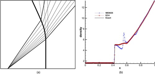 Figure 18. Sonic point test 4, intersection of rarefaction wave and static shock: (a) construction of Sonic point test 4; (b) density of Sonic point test 4.