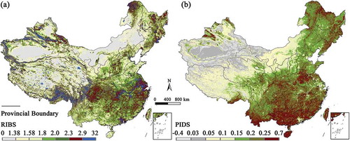 Figure 8. Spatial distribution maps of (a) Ratio Index for Bright Soil and (b) Product Index for Dark Soil from MODIS images.