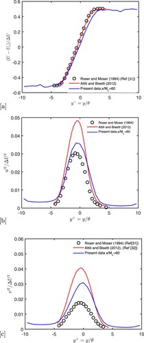 Figure 7. Comparison with DNS data: Velocity U (a), u′2 (b), v′2 (c).